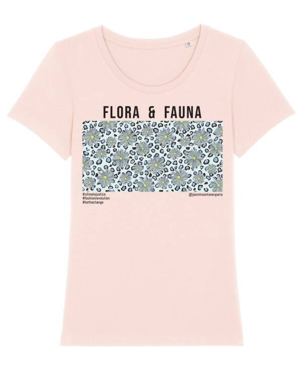 Jasmin Santanen Paris fitted Flora & Fauna print Esther t-shirt in baby pink color for women.